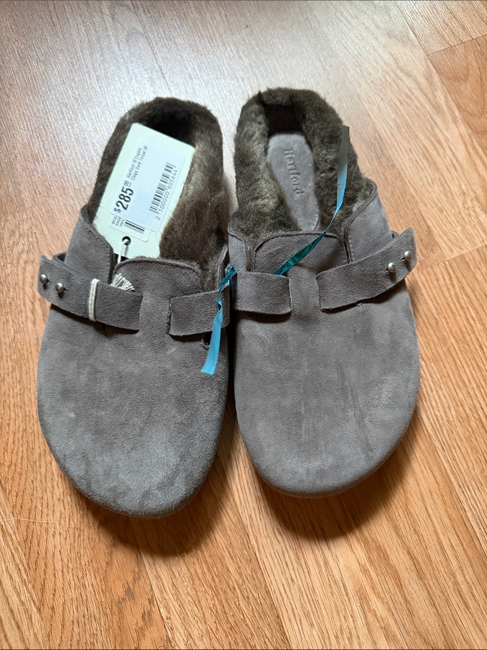 Hartford Dark Taupe Fur-Lined Clogs with Stud Strap